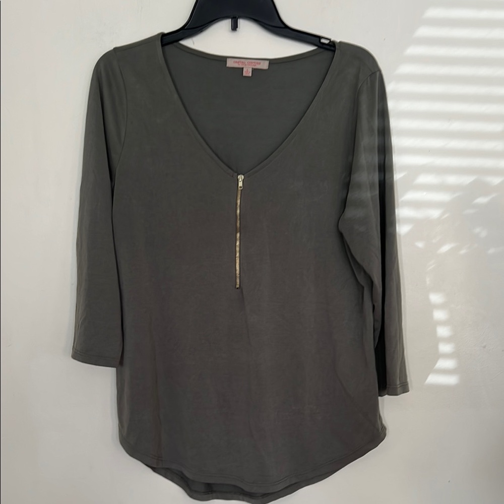 Casual Couture Olive Green Envelope Asymmetrical 3/4 Sleeve Blouse